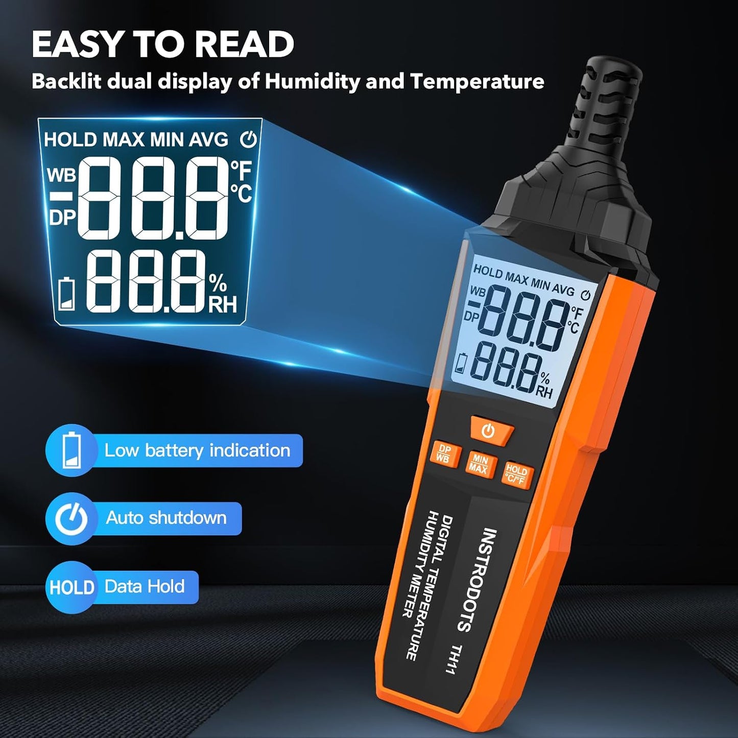 Temperature Humidity Meter, High Precision Thermometer Hygrometer with Ambient, Dew Point, Wet Bulb Thermometer, Dual Display Temperature & Humidity with LCD Backlight, TH10