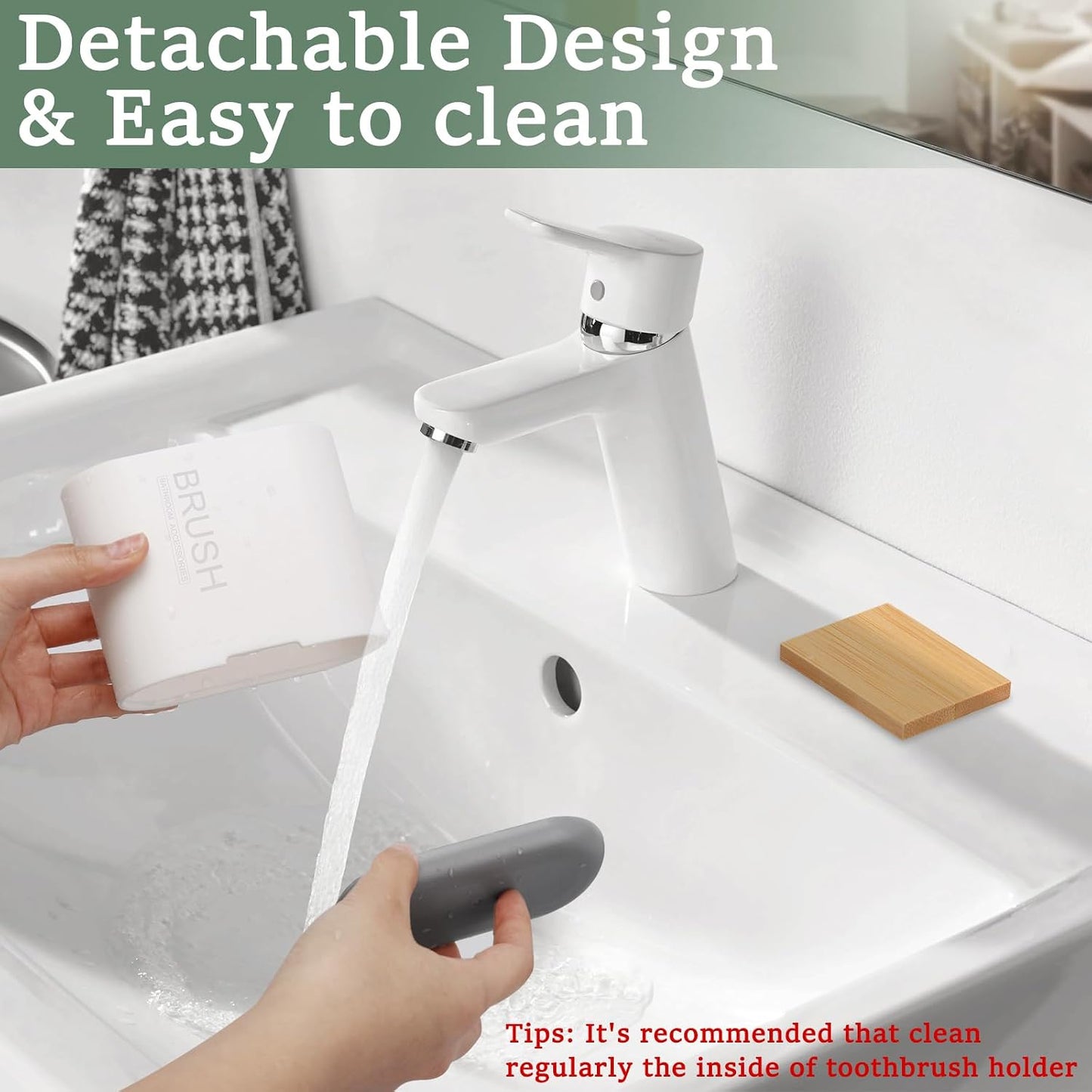 Bamboo Toothbrush Holder for Bathrooms Toothpaste Organizer, Small, White | 2 Slots, Easy to Clean, Plastic, Kids Electric Toothbrush, Drainage, Removable, For Bathroom, Vanity, Kitchen Sink, Office