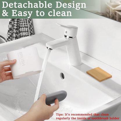 Bamboo Toothbrush Holder for Bathrooms Toothpaste Organizer, Small, White | 2 Slots, Easy to Clean, Plastic, Kids Electric Toothbrush, Drainage, Removable, For Bathroom, Vanity, Kitchen Sink, Office