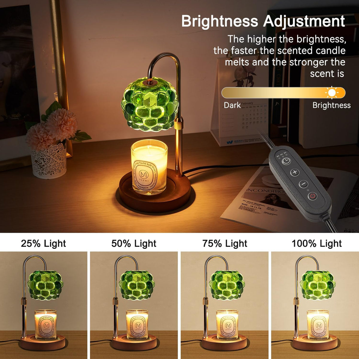 Candle Warmer Lamp with Timer Adjustable - Height Candle Warmer, Dimmer, Black Glass Wax Melting Lamps for Home Decor, for Candles in Jars with 2 Bulbs