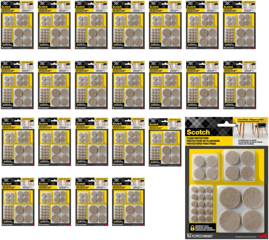 Scotch Felt Pads 162 PCS Beige, Felt Furniture Pads for Protecting Hardwood Floors, Round, Assorted Sizes Value Pack, Self-Stick design, Protecting from nicks, dents and scratches (SP845-NA)