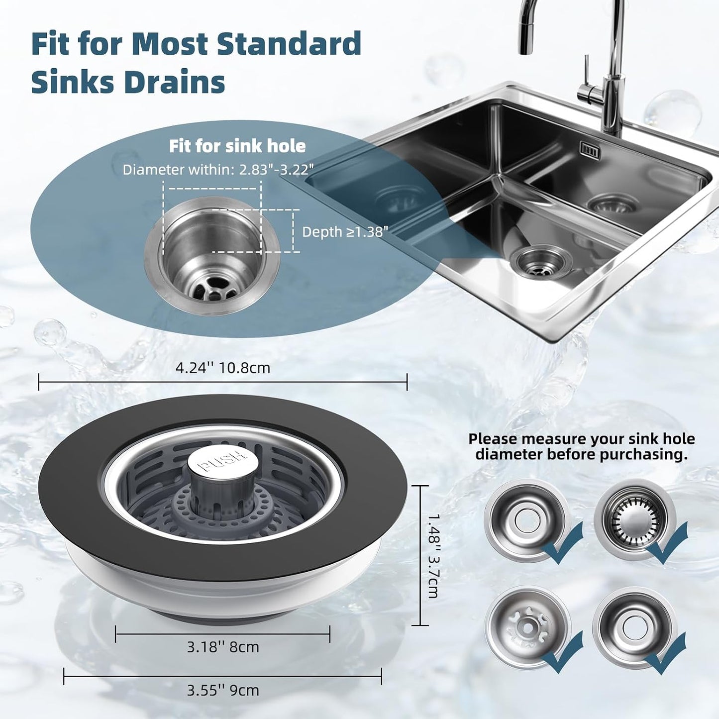 Hibbent 3 in 1 Kitchen Sink Drain Strainer, Metal Pop Up Stopper | Larger Anti-Clogging Basket, 3-Layer Seal, Detachable Sink Drain Plug for US Standard 3-1/2" Drain, Brushed Stainless Steel