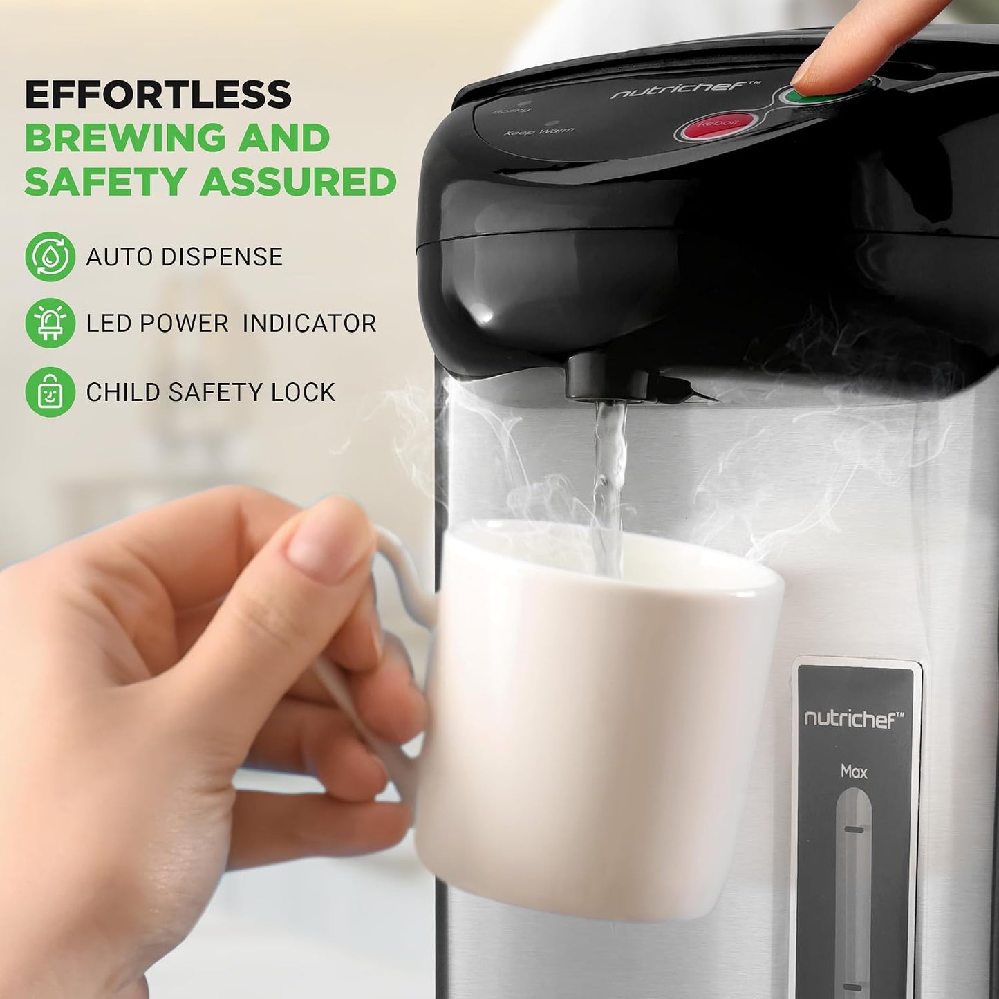 NutriChef 5.2 Qt Electric Water Kettle, Portable, Quick Heating, 5 Liter Digital Kettle with 5 Temperature Settings, Safety Lock, Stainless Steel, 3 Dispensing Options, 8.46" x 11.2" x 16.5"