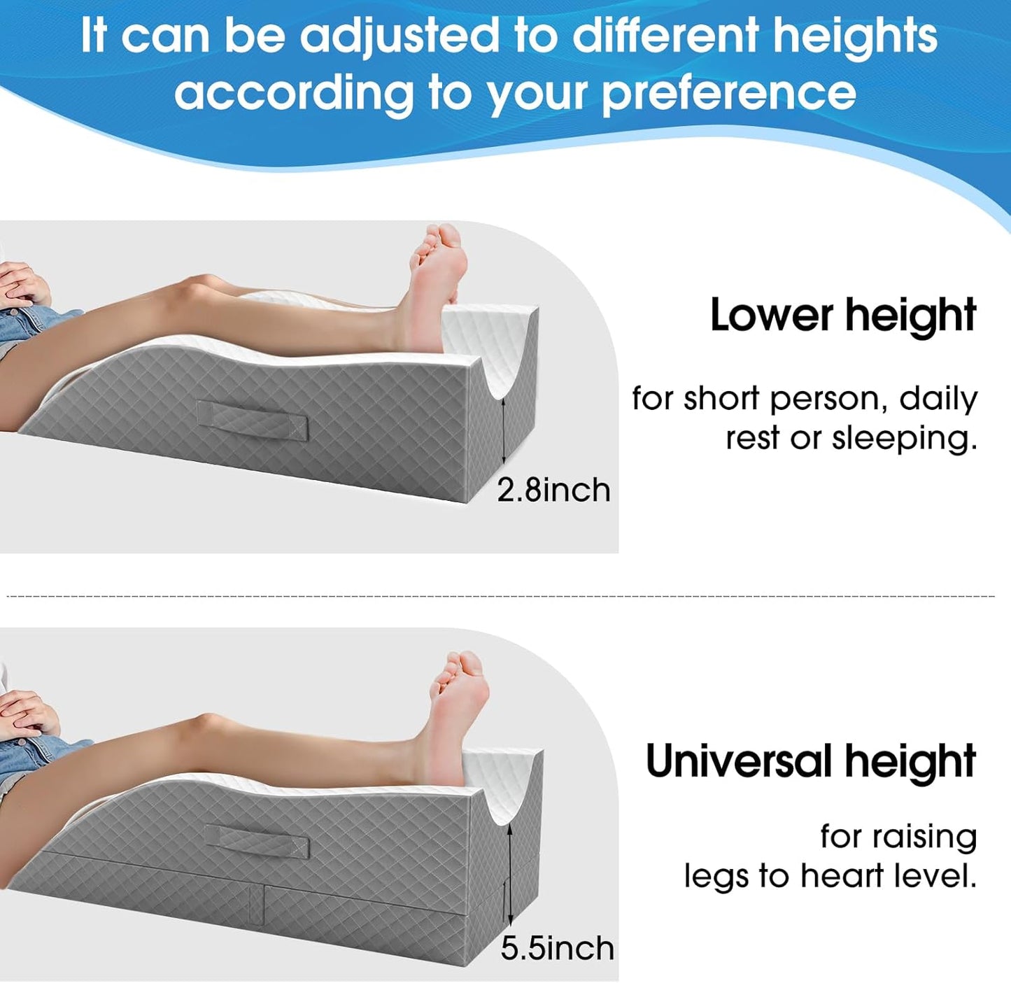 TranquilRelax Leg Elevation Pillows for After Surgery, Wedge Pillow, Grey | Memory Foam, All-around Knee & Ankle Support for Swelling, Height-adjustable, Nop-Slip Bottom, Washable Cover, Single-leg