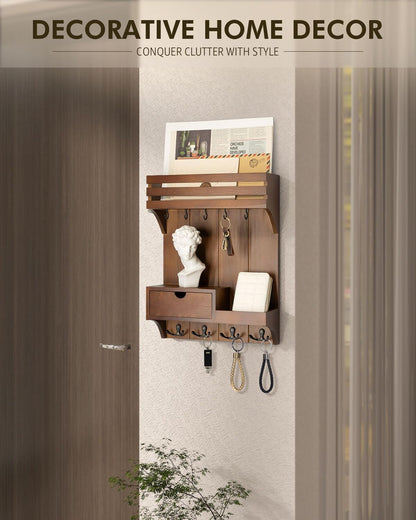 Rebee Vision Key Holder Wall Mount with Drawer Organizer for Entryway,Brown | Pine Wood, 6 Key Hooks, Display Shelf for Plants, Mail Slot for Storage Letter, Multi-Funtional Design, Home Storage