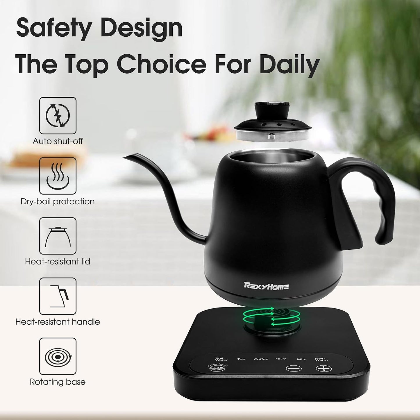 Gooseneck Electric Kettle Temperature Control: 316L Stainless Steel Inner | ±1℉ Precision, Pour Over Kettle for Coffee & Tea, 1000W Quick Heating, Auto Shut-Off & Boil-Dry Protection, 0.8L/27oz