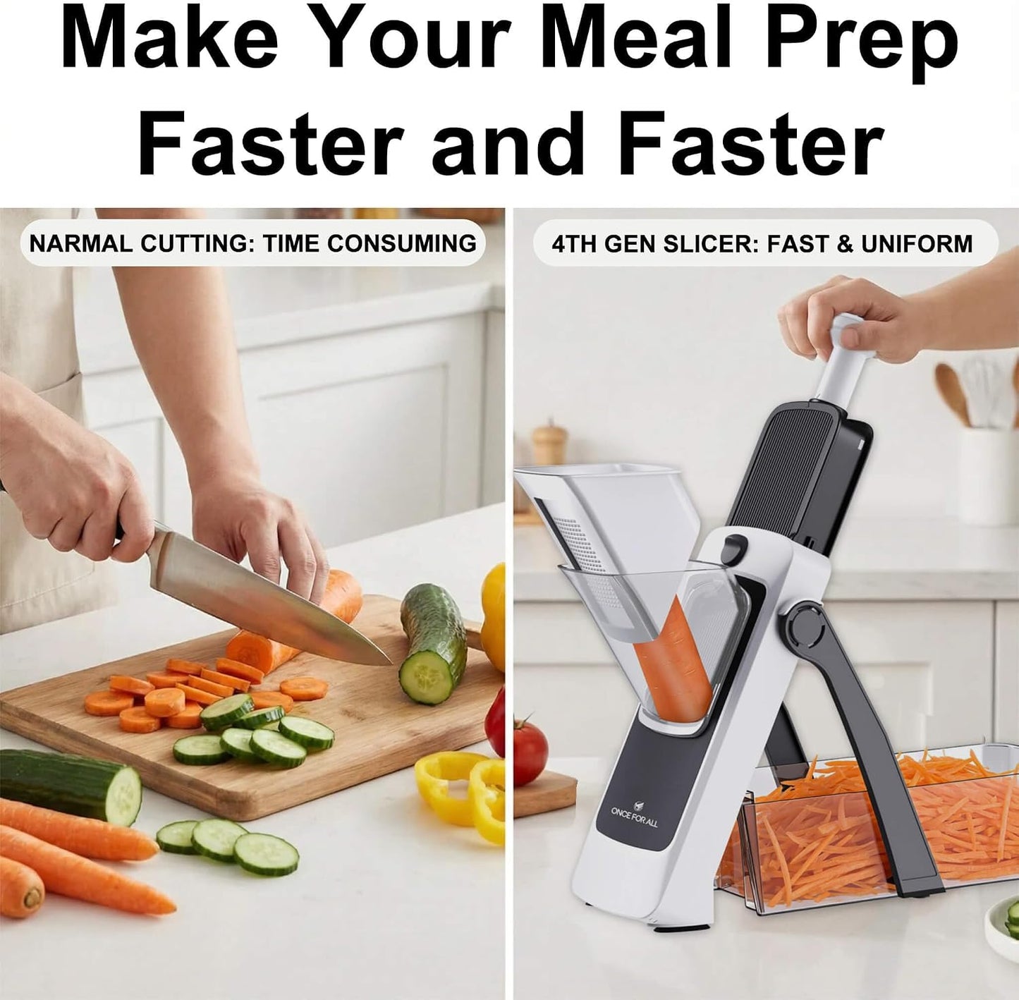 ONCE FOR ALL Safe Mandoline Slicer Plus, Bigger Size, Potato Slicer, Black | 0.1-8mm Adjustable Vegetable Food Chopper, Kitchen Mandoline Slicer Stainless Steel, Detachable Blade, Dishwasher-safe, Gift
