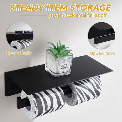 APLusee Matte Black Toilet Paper Holder with Storage Shelf, Wall Mounted | Rustproof 304 Stainless Steel, 2-in-1 Functional Toilet Paper and Phone Storage, Fits Bathroom, Restroom, Vanity, Kitchen