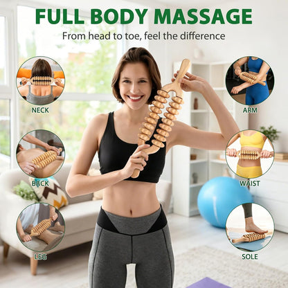 Liitrton Manual Wooden Massage Roller Stick for Muscle Relief, 11-Wheel