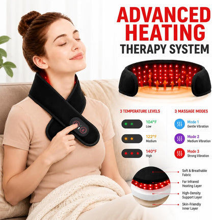Cordless Neck Heating Pad with Red Light Technology, Neck Massager with 3 Heat Levels & Massage Modes, 3000mAh Rechargeable Heated Massager with 660nm 850nm Red Light, Black