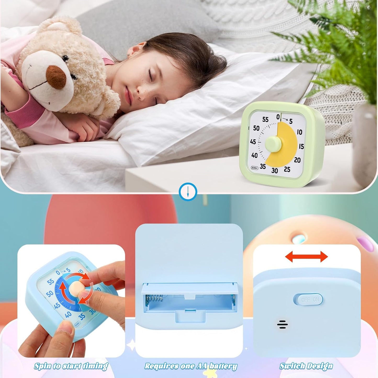 AmazingSpark 2 Pack Visual Timer 60 Minute Countdown Timer Colored Countdown Clock for Homeschool Supplies Study Tool, Classroom Home Office Time Management Tool (Classic,Blue,Green)