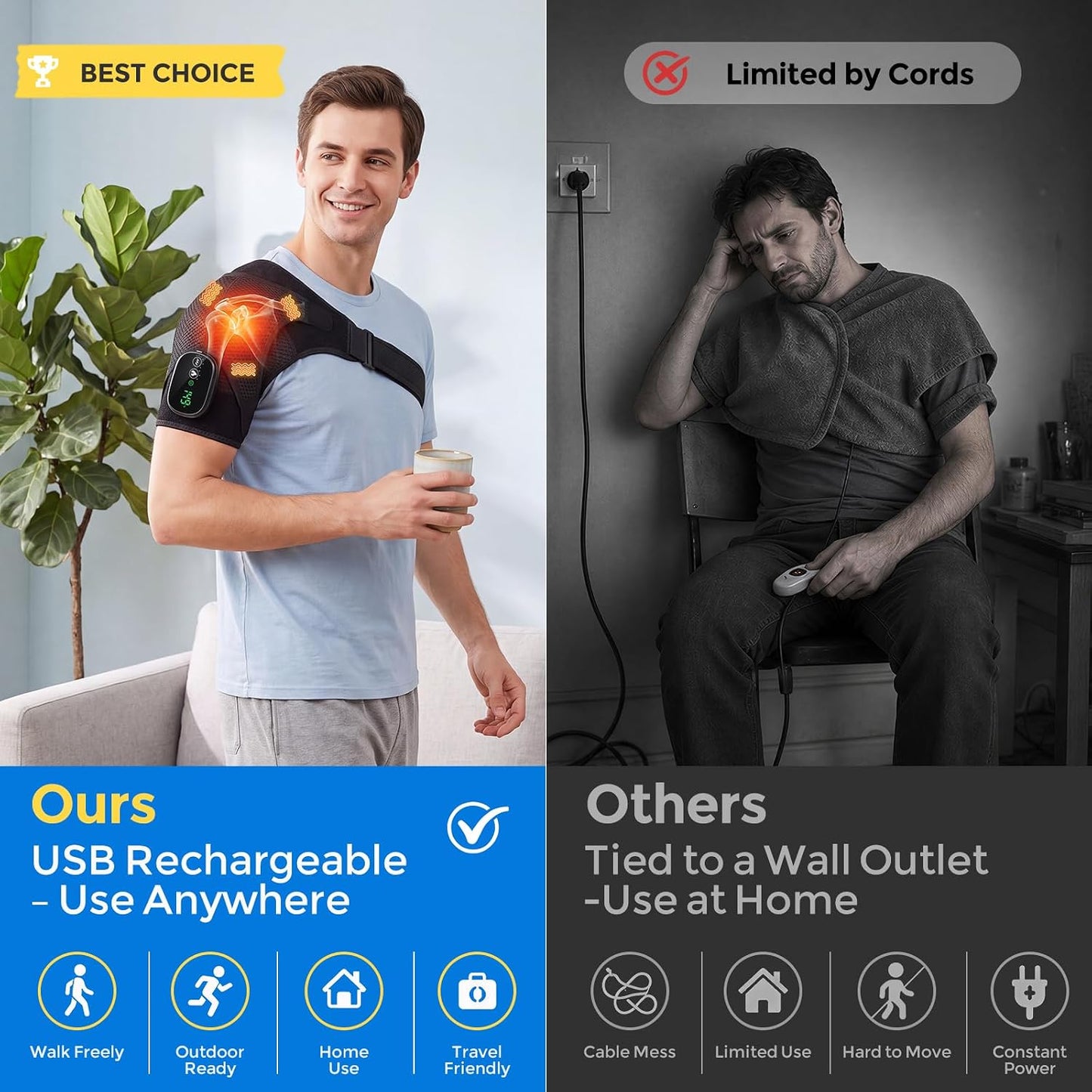 Shoulder Massager for Pain Relief Deep Tissue Shoulder Heating Pad | Cordless Heated Shoulder Brace for Frozen Shoulder & Rotator Cuff 3 Heat & Vibration Modes 5000mAh Rechargeable