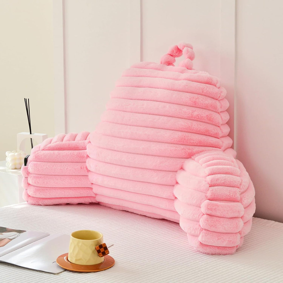 Large Reading Pillow for Adults, Back Support Pillow for Sitting Up in Bed with Arms, Couch for Lounging Bedrest, Pink