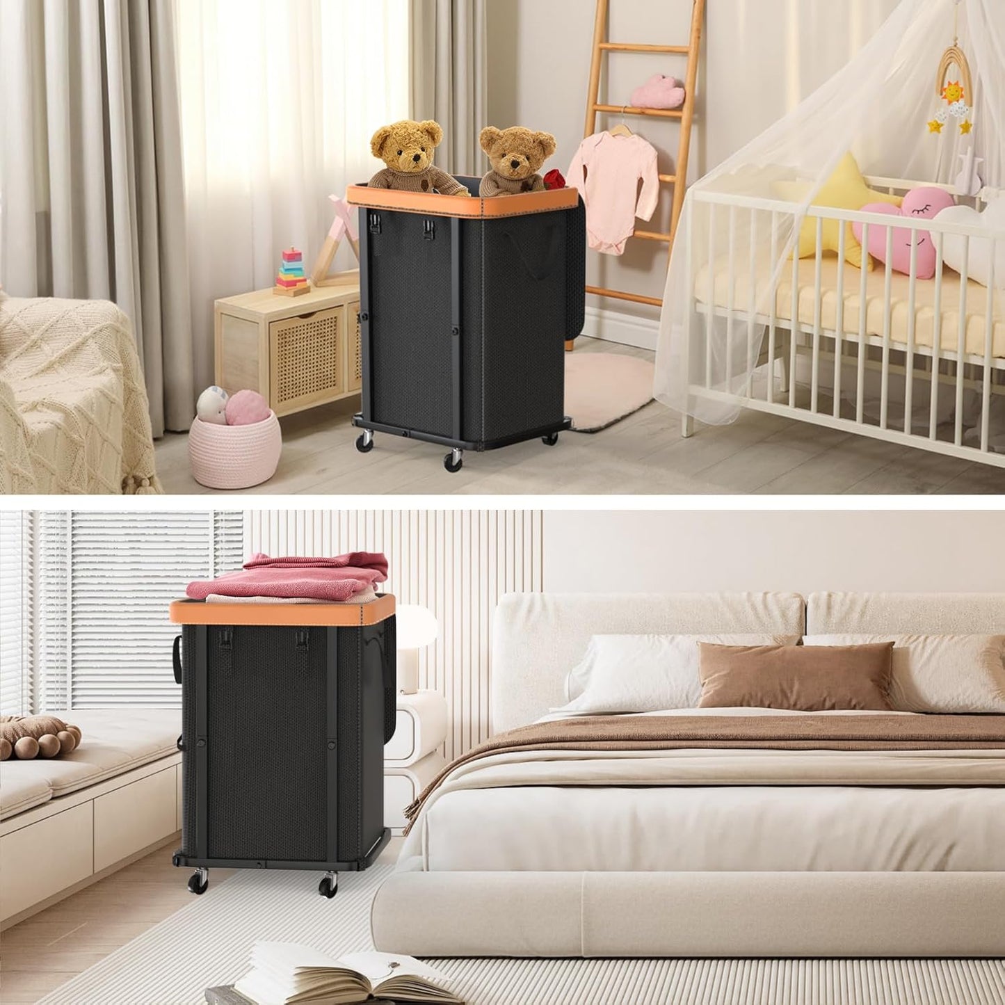 Laundry Hamper with Wheels,150L Leather Patchwork Clothes Hamper Black | Rolling Laundry Basket with Sturdy Metal Frame, Removable Washable Bag,Tall Clothes Sorter for Bedroom, Laundry Room, Dorm