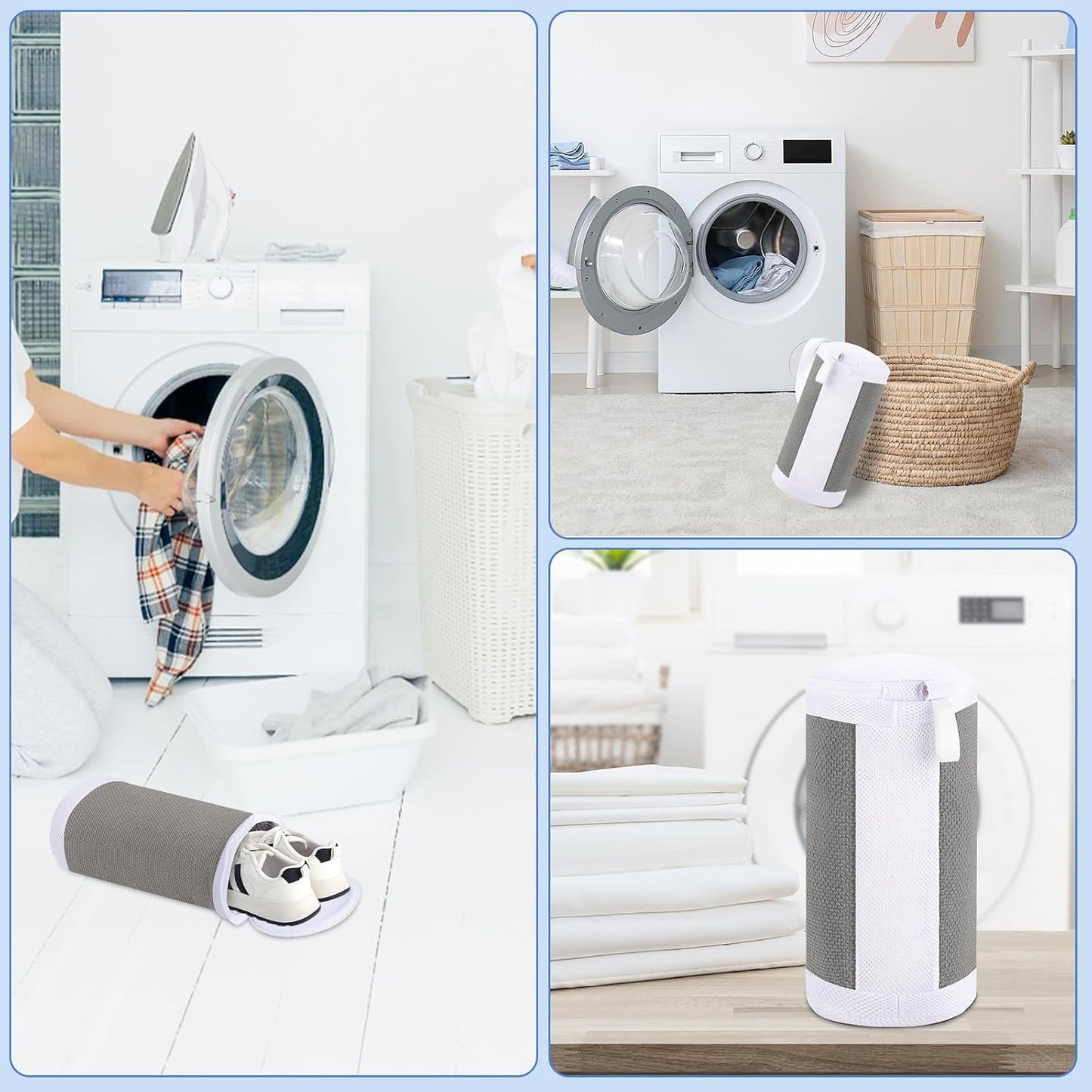 2 PCS Shoe Washing Machine Bags for Washer and Dryer, Grey + White | Reusable Laundry Shoe Bag, Hands Free, Hidden Self-locking Zipper, 360° Deep Cleaning, For Sneakers and All Shoes Types
