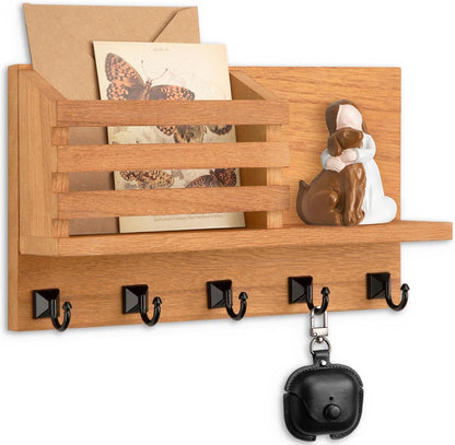 Key Holder Wall Mount, Mail Organizer for Wall with 5 Square Key Hooks | Key Holder for Wall, Key Holder with Shelf Farmhouse Home Decor for Home Entryway