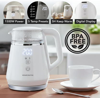 OVENTE 1L Electric Kettle with Temperature Control, 1500W, Black KD95B | Water Boiler With Digital Display, 5Hr Keep Warm, Auto Shut-Off, Double-Wall Cool-Touch Exterior, BPA-Free Borosilicate Glass
