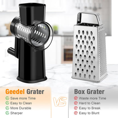 Ibergrif Rotary Cheese Grater Hand Crank– Manual Vegetable Slicer Mandoline with Foldable Handle, Rotary Grader with 3 Interchangeable Blades, Manual Cheese Shredder with Suction Base | 430 Stainless Steel Suction Base Finger Guard BPA Free for Cheese