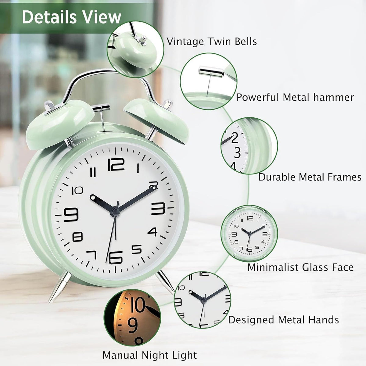 Azyh Loud Alarm Clock for Heavy Sleepers Adults, Metal 4 Inches Twin Bell Battery Operated Alarm Clocks for Bedrooms Decoration, Silent Non-Ticking, Back-to-School Gift (Red Brown)