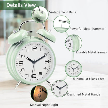 Azyh Loud Alarm Clock for Heavy Sleepers Adults, Metal 4 Inches Twin Bell Battery Operated Alarm Clocks for Bedrooms Decoration, Silent Non-Ticking, Back-to-School Gift (Red Brown)