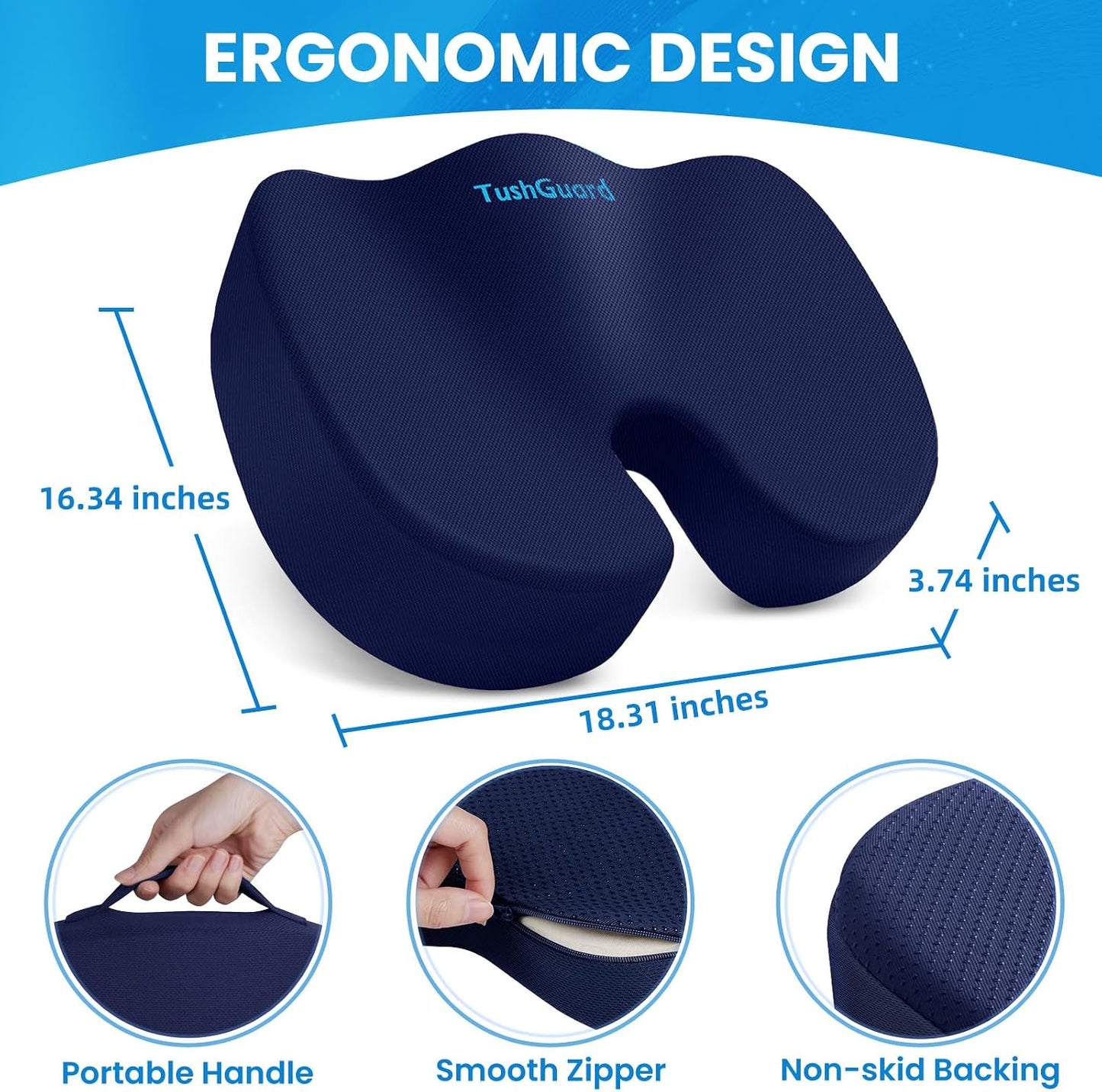 TushGuard Seat Cushion for Office Chair, Memory Foam Chair Cushion, Black | Office Chair Cushion for Car, Airplane - Chair Pad, Butt Pillow for Long Sitting Sciatica, Hip, Coccyx,Tailbone Pain Relief