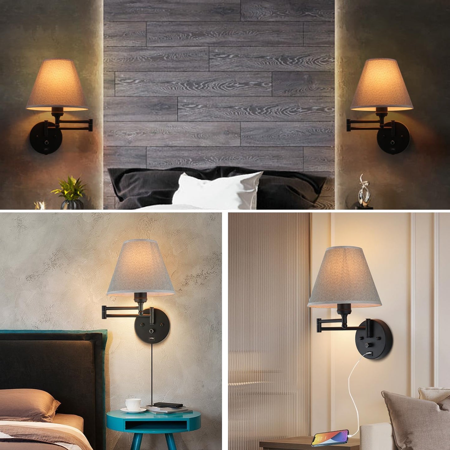 Swing Arm Wall Lamp Plug in Wall Sconces Adjustable Vintage Industrial Reading Light Bedside Wall Mount Light with Dimmable Switch and USB Port Black