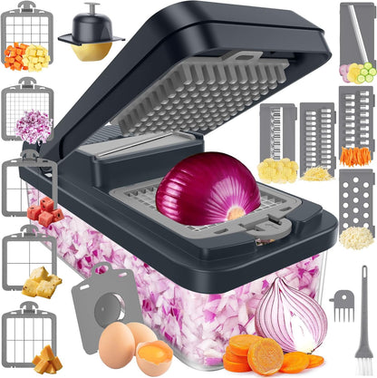 12-in-1 Vegetable Chopper with 7 Blades, Food Veggie Cutter, Green | Includes Egg Separator, Food Container and Finger Guard, Non-slip Base, for Chopping, Slicing, Shredding, and Mincing