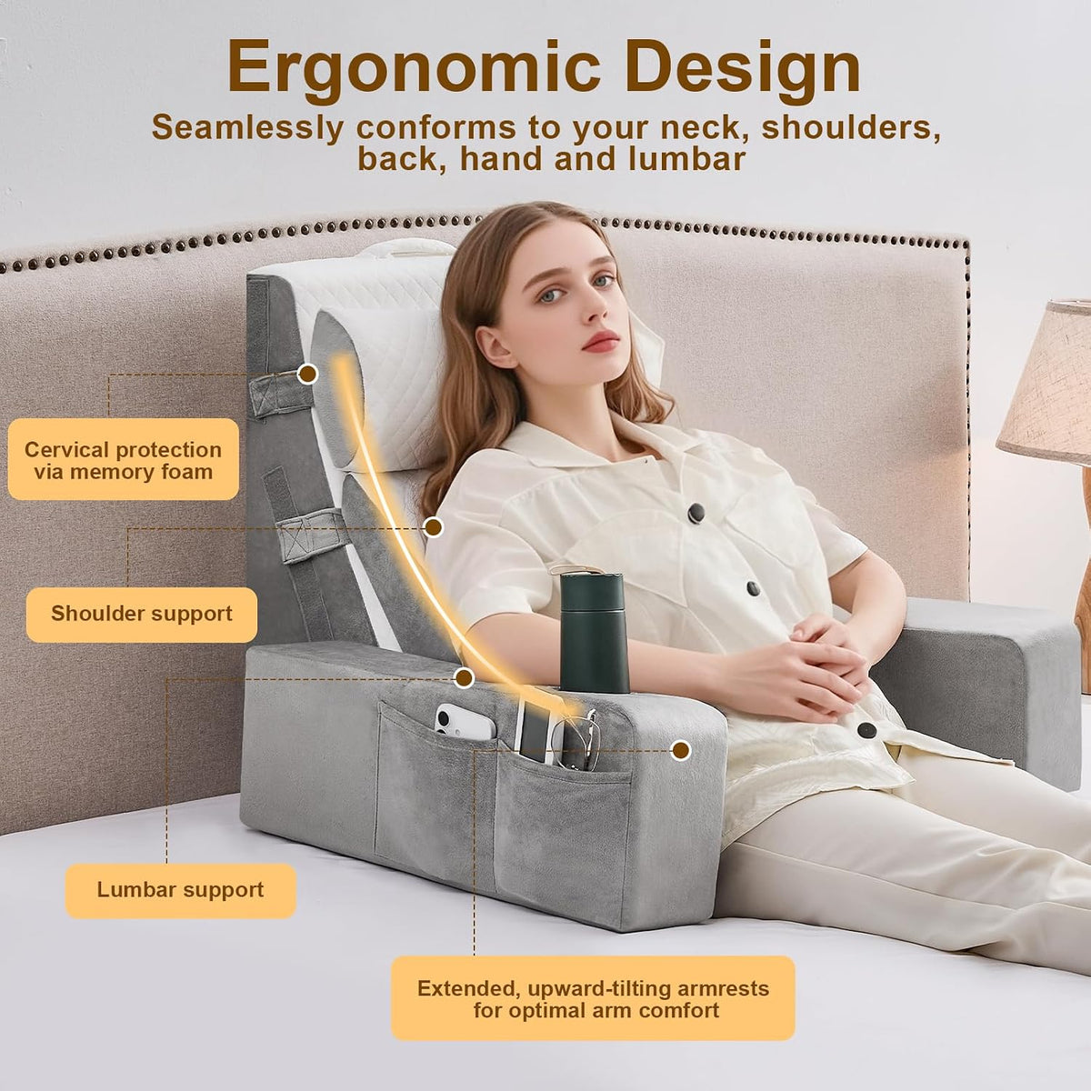 Reading Pillow for Sitting in Bed Adult, Back Pillow for Bed Sitting up with Arms, Pockets and Cup holder, Sit Up Backrest Pillows for Beds Chair Support, Rest Pillow for Gaming (Light gray)