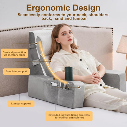 Reading Pillow for Sitting in Bed Adult, Back Pillow for Bed Sitting up with Arms, Pockets and Cup holder, Sit Up Backrest Pillows for Beds Chair Support, Rest Pillow for Gaming (Light gray)