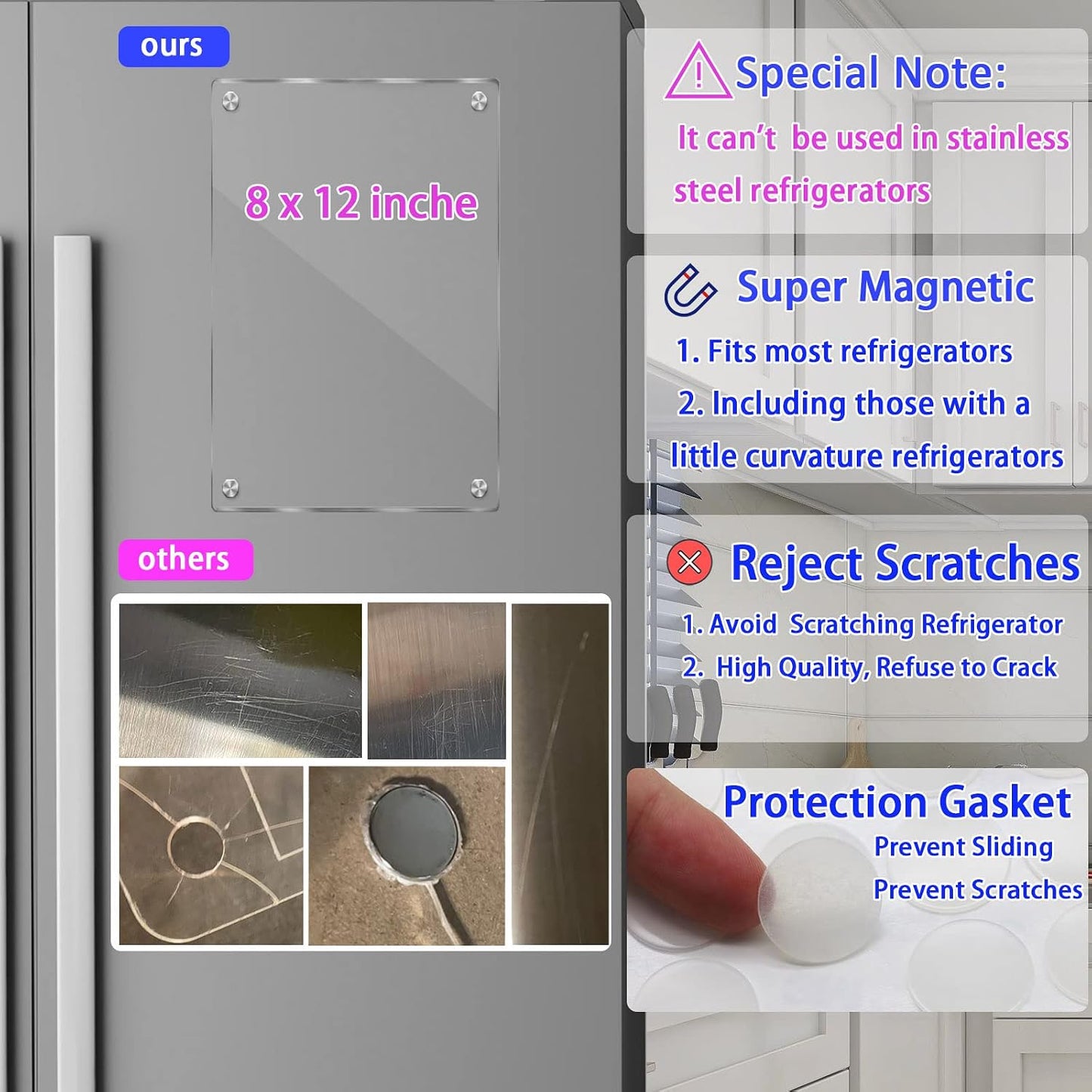 JonXon 8"x12" Acrylic Magnetic Dry Erase Board for Fridge, Clear Acrylic Magnet Calendar for Refrigerator,Includes 6 Dry Erase Markers(Clear Blank)