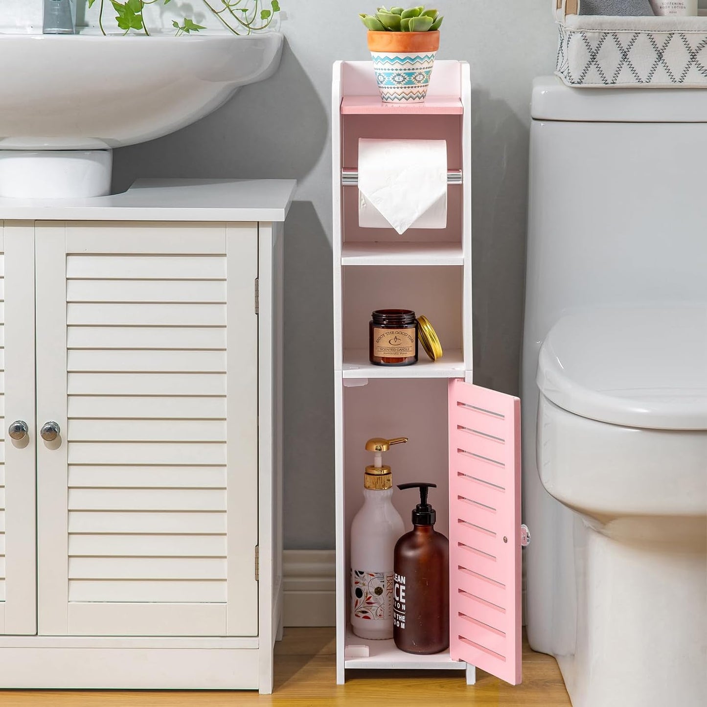 AOJEZOR Toilet Paper Holder Stand: Small Space Bathroom Storage for Renters