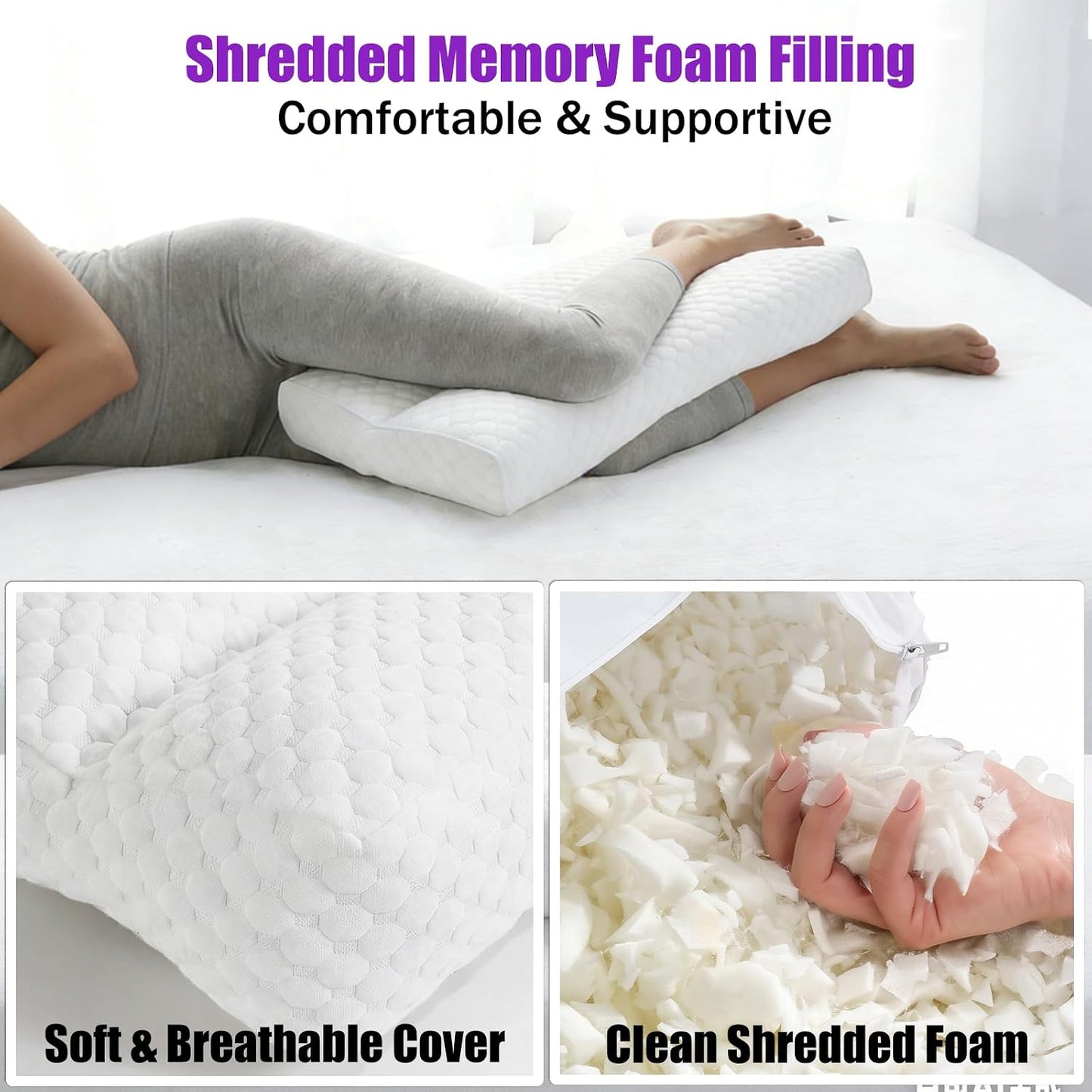 Shredded Memory Foam Knee Pillow for Side Sleepers, Supportive Leg Pillow for Side Sleeping, Relieve Hip Back & Leg Pain, White