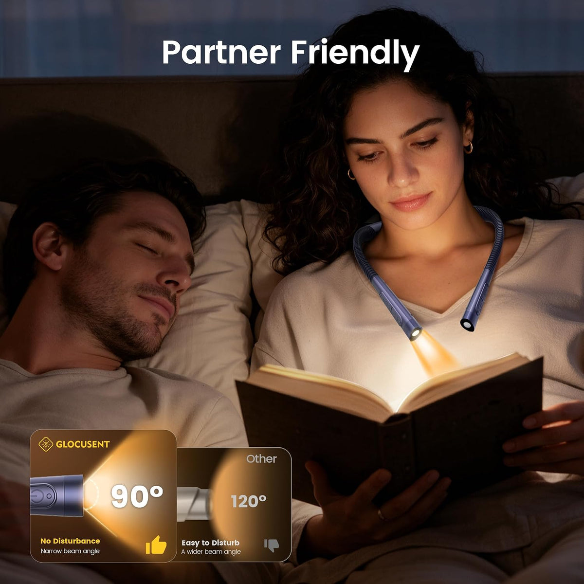 Glocusent Upgraded Neck Light,100Hrs Slimmer Reading Light for Books in Bed