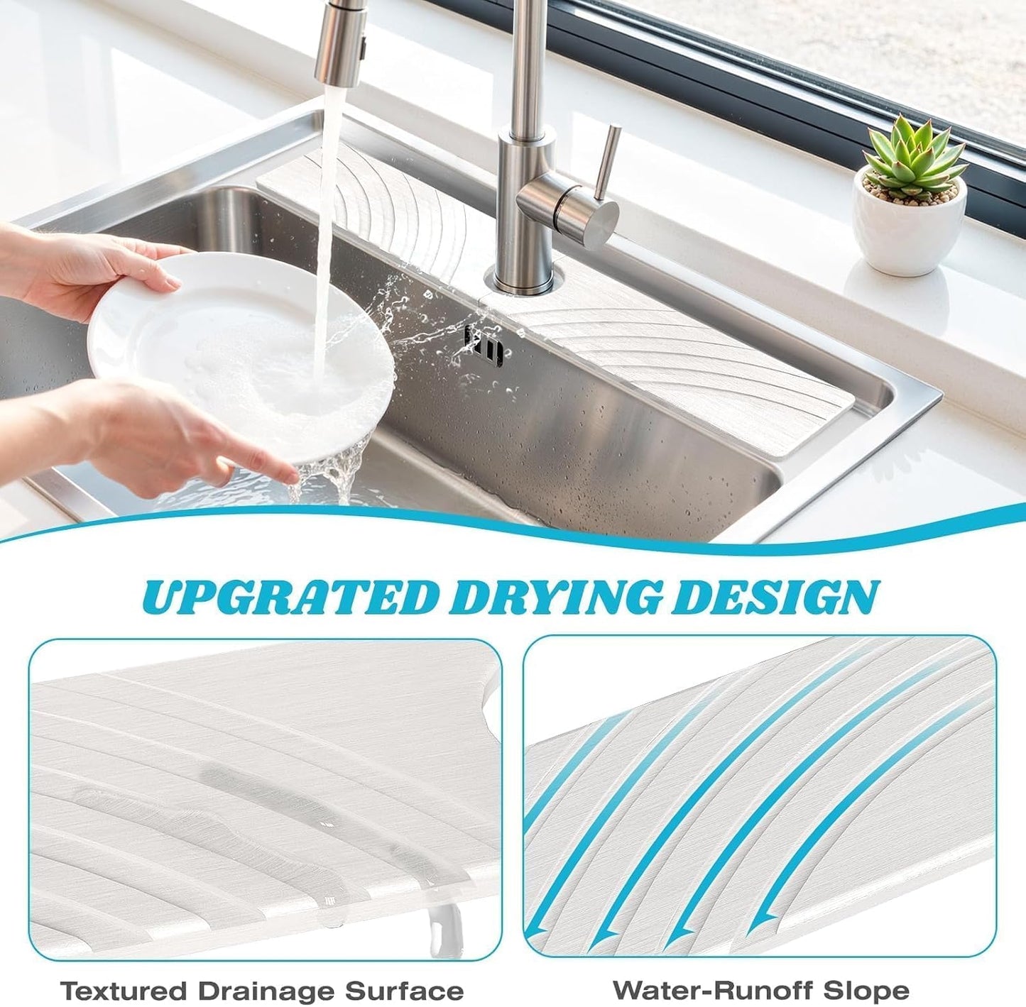 SpaceHacks Stone Faucet Mat for Kitchen Sink 23.7x4 in, Light Gray | Fast Drying Diatomite Stone Drying Mat, Water Splash Guard, Textured Drainage Sink Protector, Suits Bathroom&Kitchen Counter