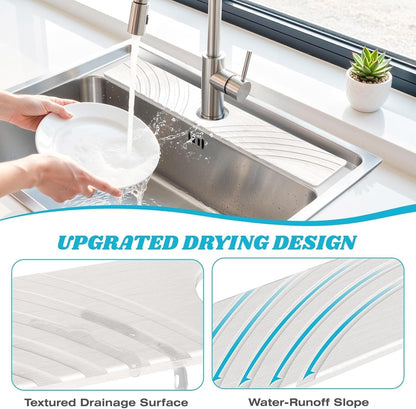 SpaceHacks Stone Faucet Mat for Kitchen Sink 23.7x4 in, Light Gray | Fast Drying Diatomite Stone Drying Mat, Water Splash Guard, Textured Drainage Sink Protector, Suits Bathroom&Kitchen Counter