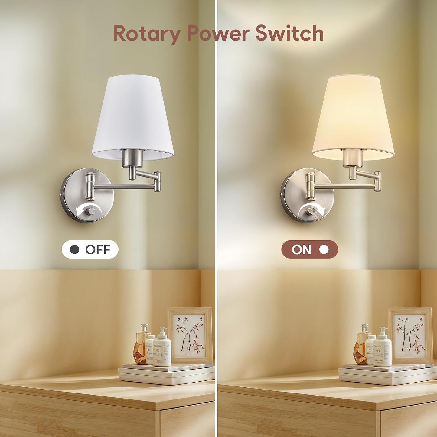VONLUCE Wall Lamp, Plug in & Swing Arm Wall Sconce, Nickel Finish | Modern Wall Lights with White Fabric Shades, Plug in & Hardwired Wall Mounted Light for Bedside, Living Room, Hallway