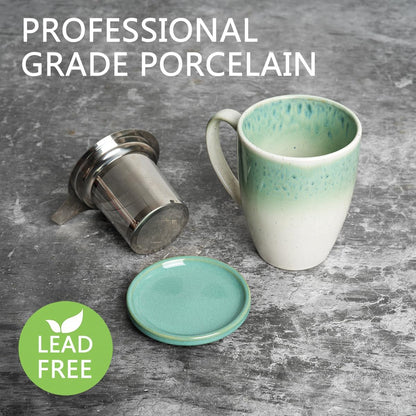 Bosmarlin Ceramic Tea Cup with Infuser and Lid, 13.5 Oz, Loose Leaf Tea Steeper Mug with Strainer, Microwave and Dishwasher Safe, Reactive Glaze (13.5 Oz, Pale Green)