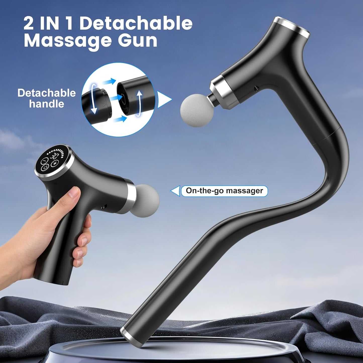 Detachable Percussion Massage Gun, Long Handle Handheld Deep Tissue Massager with 12 Speeds 4 Heads, Electric Muscle Relaxer for Back Shoulder Waist, Suitable for Men Women Athletes Home Gym Workout
