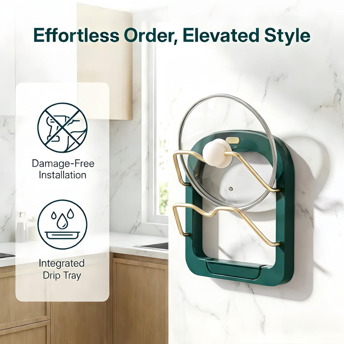 2-Tier Pot Lid Organizer, Rustproof Wall Mounted Pot Lid Rack for Cabinet Door & Wall, Multi-Use Kitchen Storage Holder Ideal for Pot Lids, Cutting Boards and Spoons (Pearl white)
