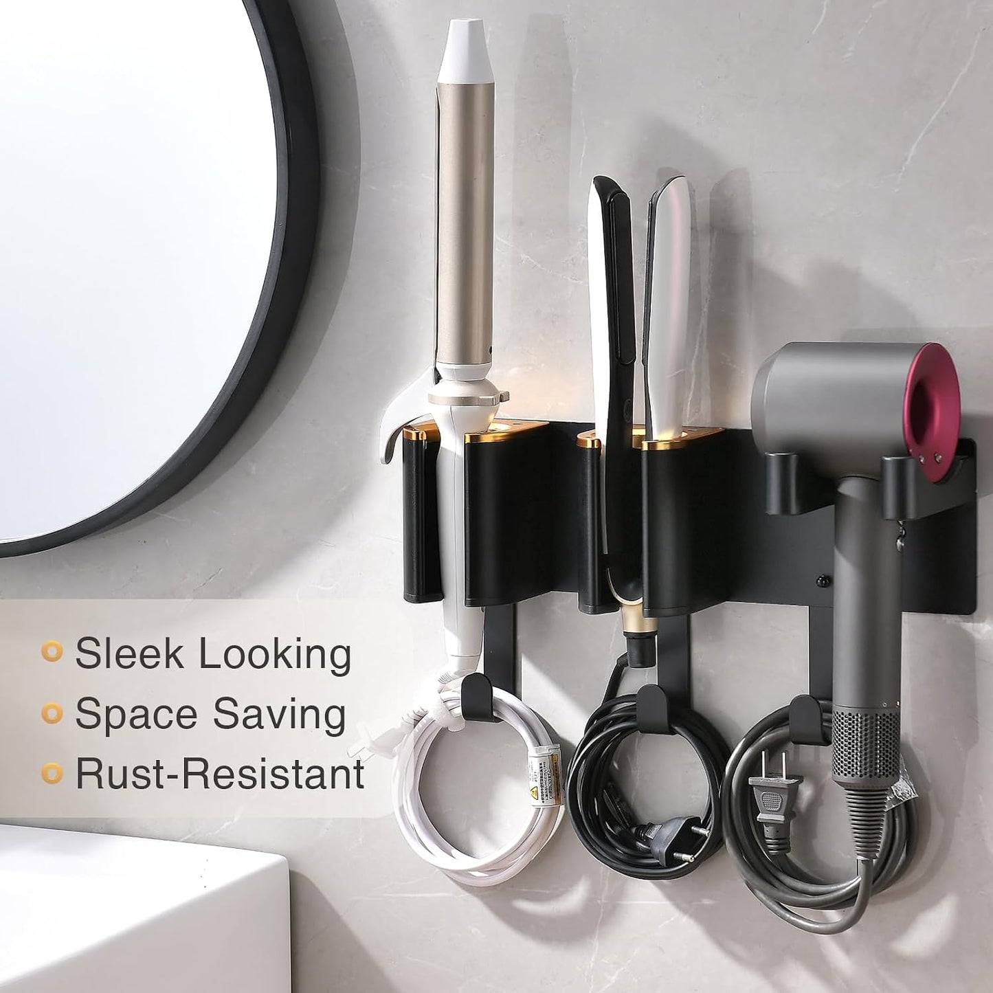 Hair Tool Organizer Wall Mount, Hair Dryer & Curling Iron Storage | 3-Compartment Blow Dryer and Straightener Holder, Screw Mounting, Aluminum Alloy & ABS, White (Hair Tools Not Included)