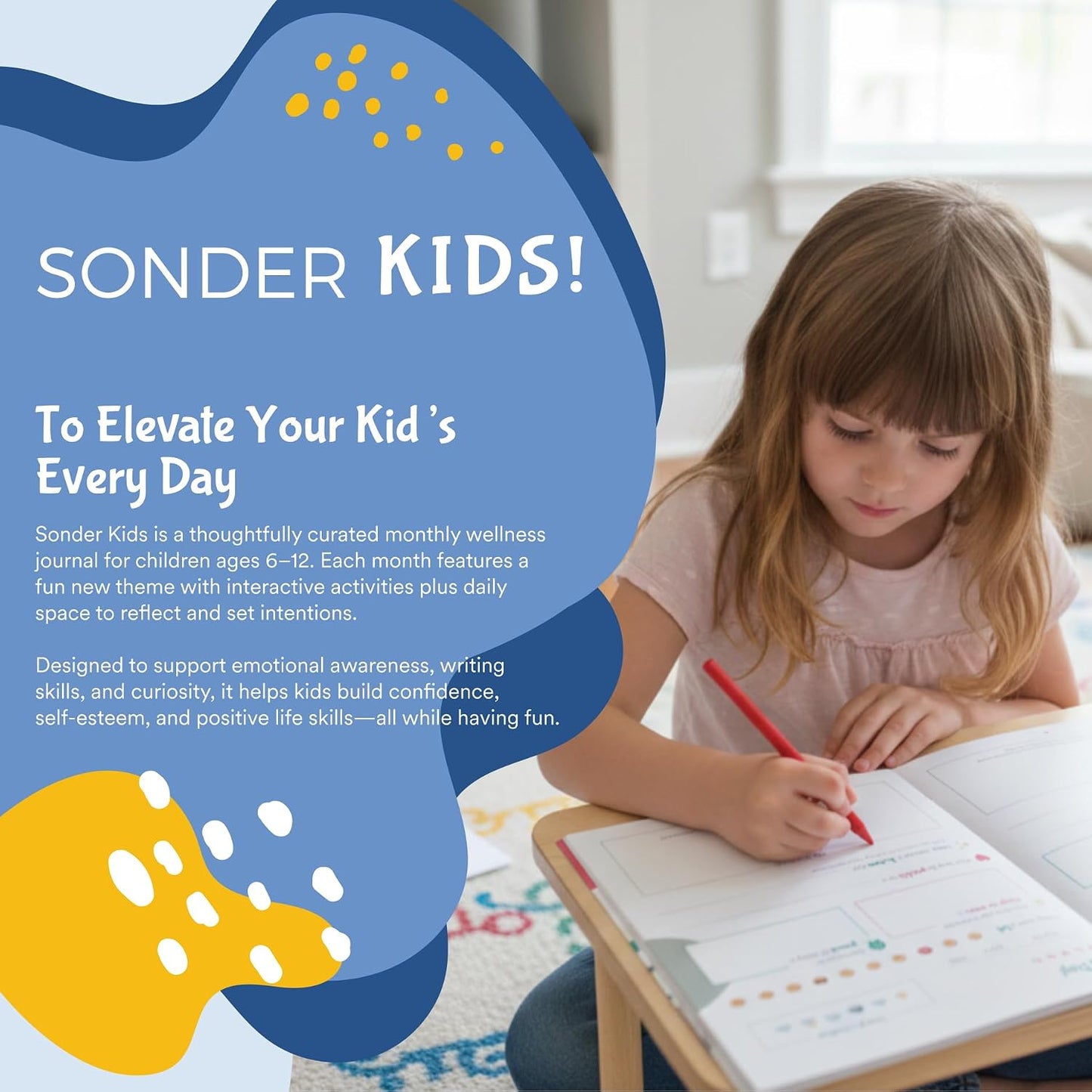 Sonder Kids Wellness Gratitude Journal - Kids Journal for Girls and Boys, Hands-On Activities like Crosswords, Coloring and Nature Prompts, Undated, Ages 6-12, 56 pages