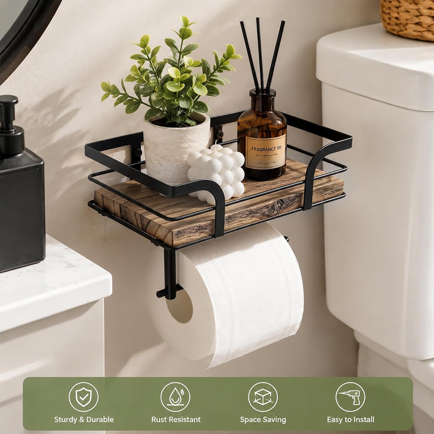 Rustic Toilet Paper Holder with Shelf, Wall Mounted | Farmhouse design, reversible left/right holder, adhesive & screw installation, raised guard shelf