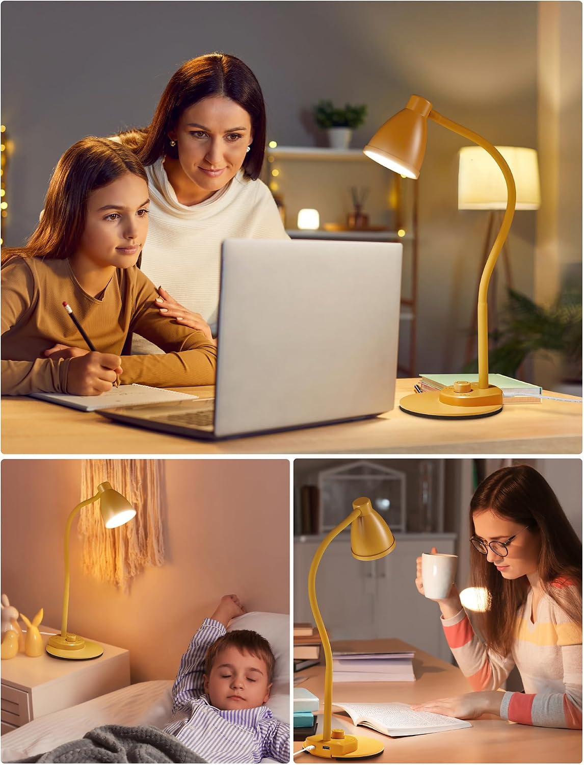 BOHON LED Desk Lamp with USB Charging Port 3 Color Modes Dimmable, Black | Reading Light Intelligent Induction Auto Dimming Task Lamp Neck Flexible Table Lamp for Bedside Office, AC Adapter Include