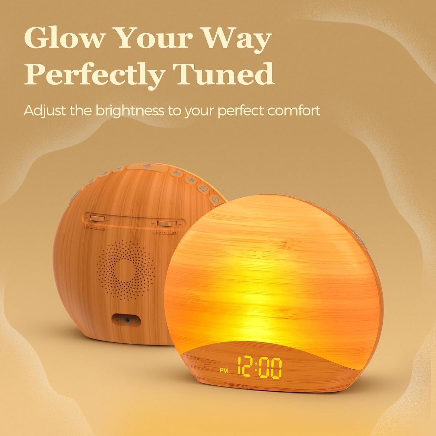 REACHER Wood Grain Sunrise Alarm Clock, Bluetooth Speaker, FM Radio & Light | Gradual wake up light, digital dimmable clock, reading lamps, colorful night lights, wooden clock for bedroom, adult, kids