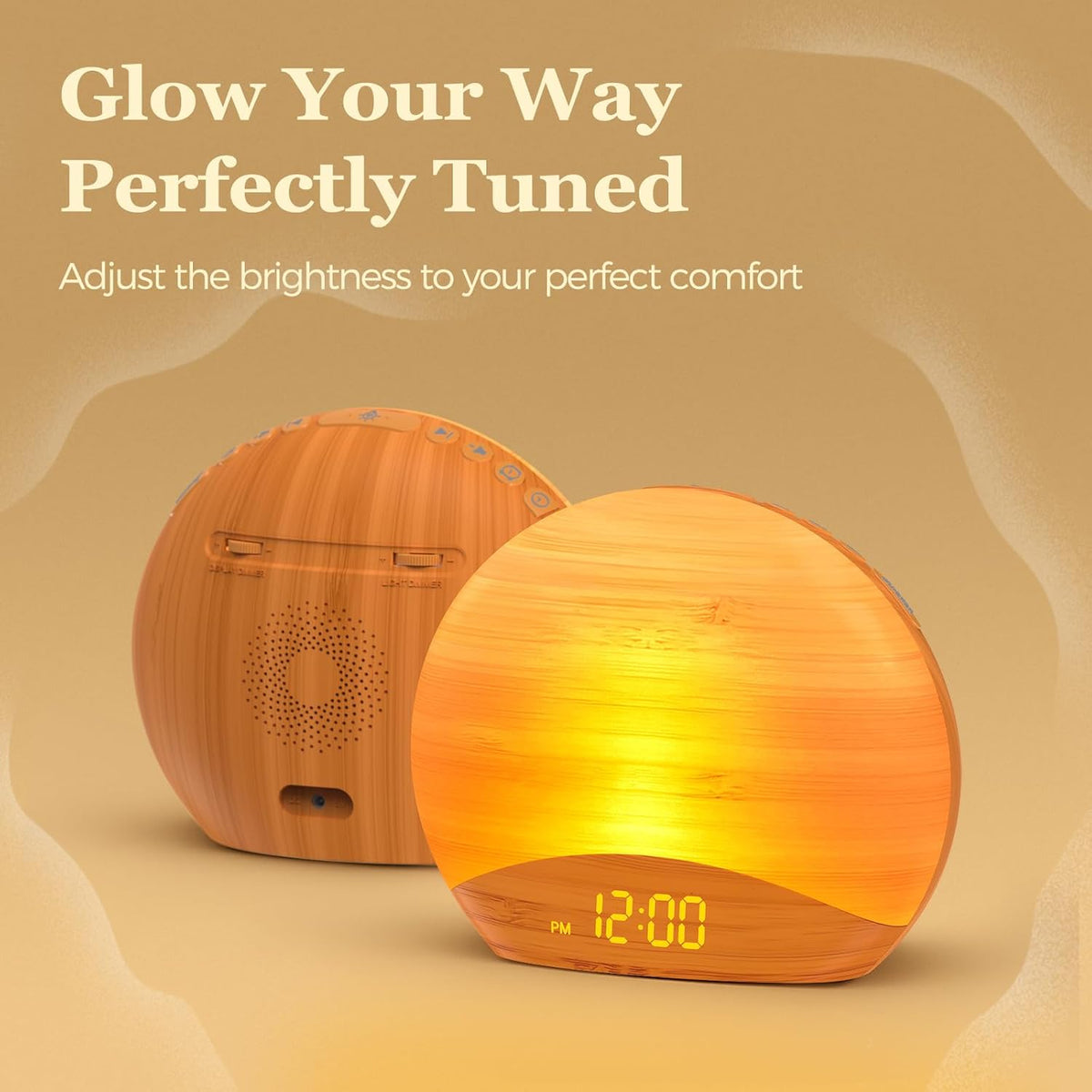 REACHER Wood Grain Sunrise Alarm Clock, Bluetooth Speaker, FM Radio & Light