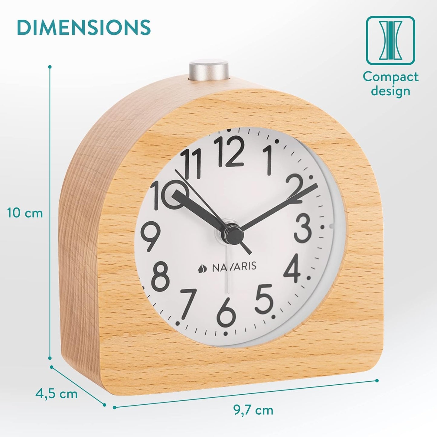 Navaris Wood Analog Alarm Clock - Half-Round Battery-Operated Non-Ticking Clock with Snooze Button and Light - Light Brown
