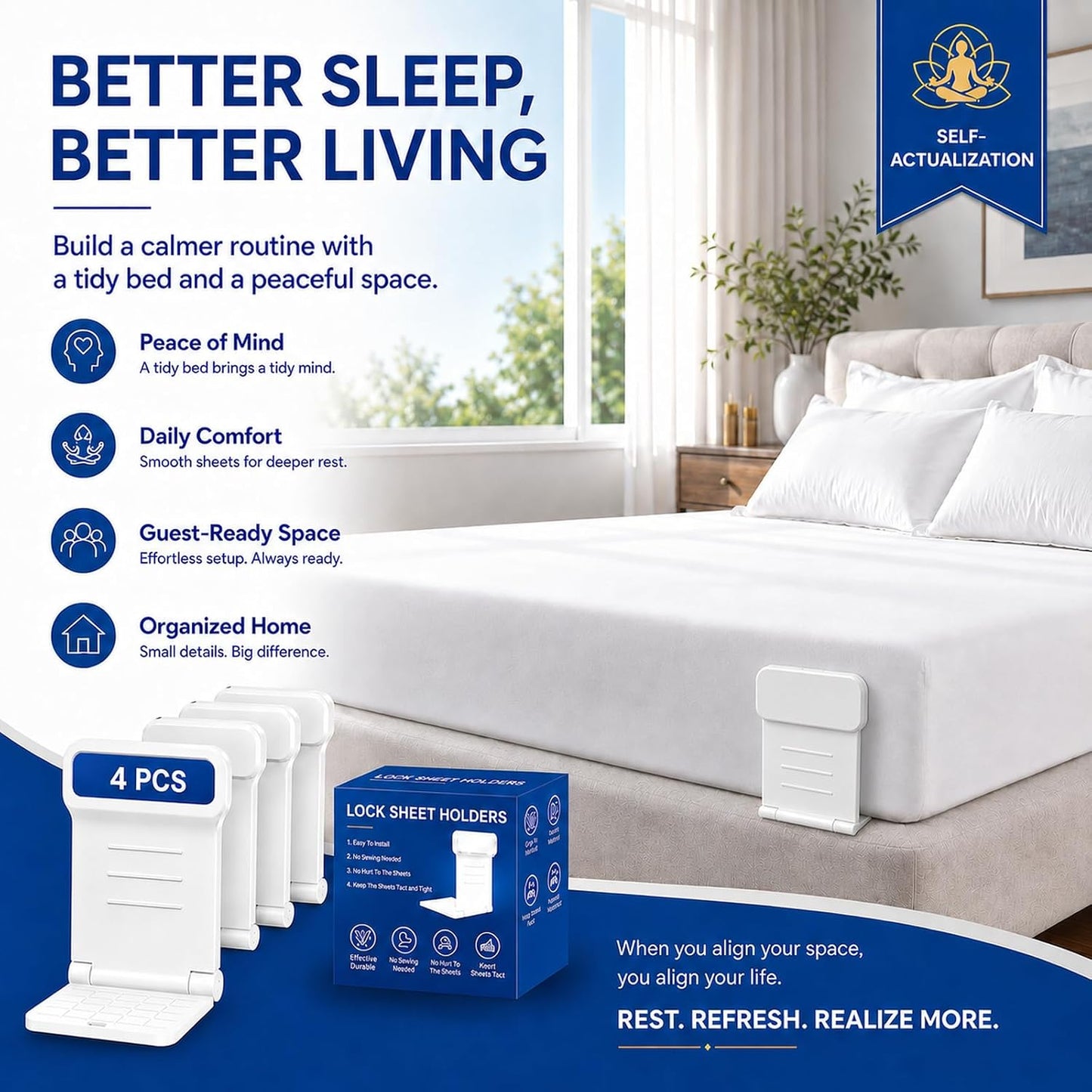 8pcs Bed Sheet Holders for Corners for King and Queen Beds Bed ABS&PC, 10 Non-Slip Mats, 180 Degrees Fold, Snap-Fastener Design, Adjustable Strap Clips, Tight Grippers - White Large