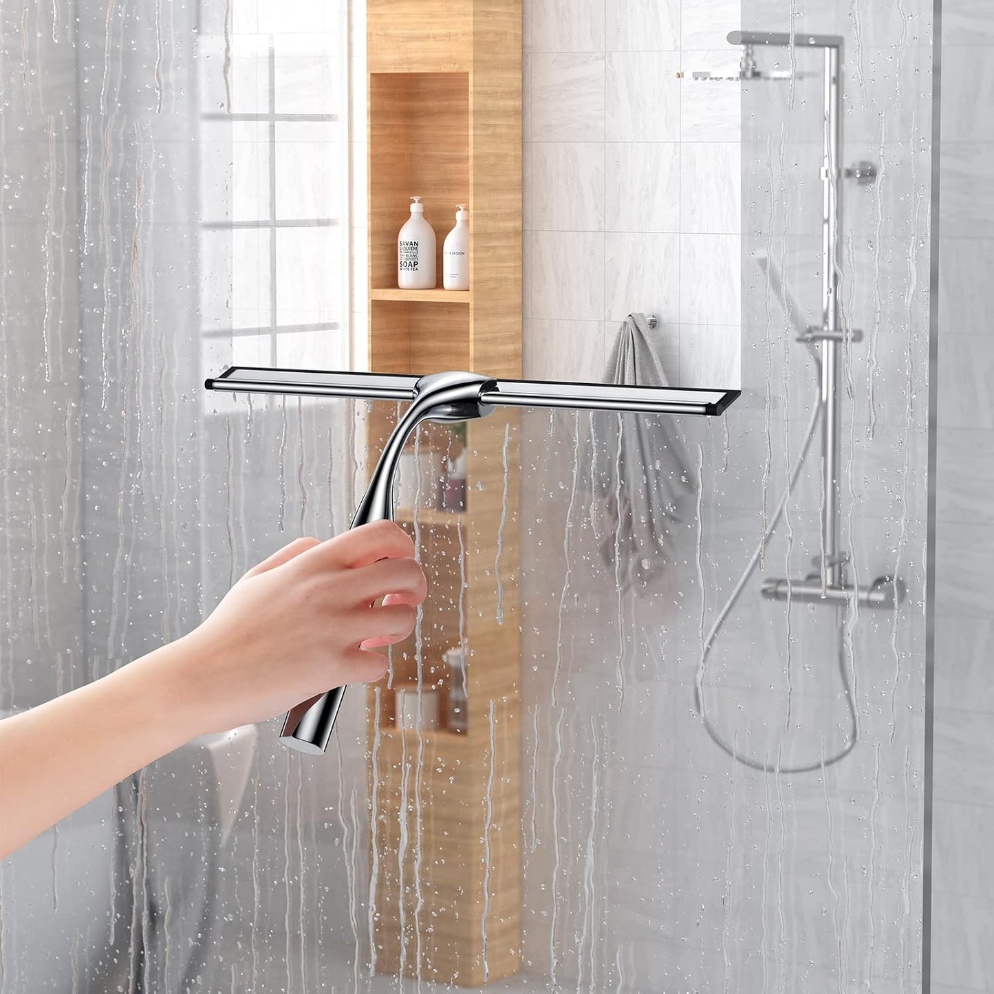 Black Shower Squeegee for Glass Door 12-Inch Bathroom Squeegee Window Wiper, with Shower Door Hook, Adhesive Hook, Spare Silicone Blade for Window Mirror Car All-Purpose Squeegee