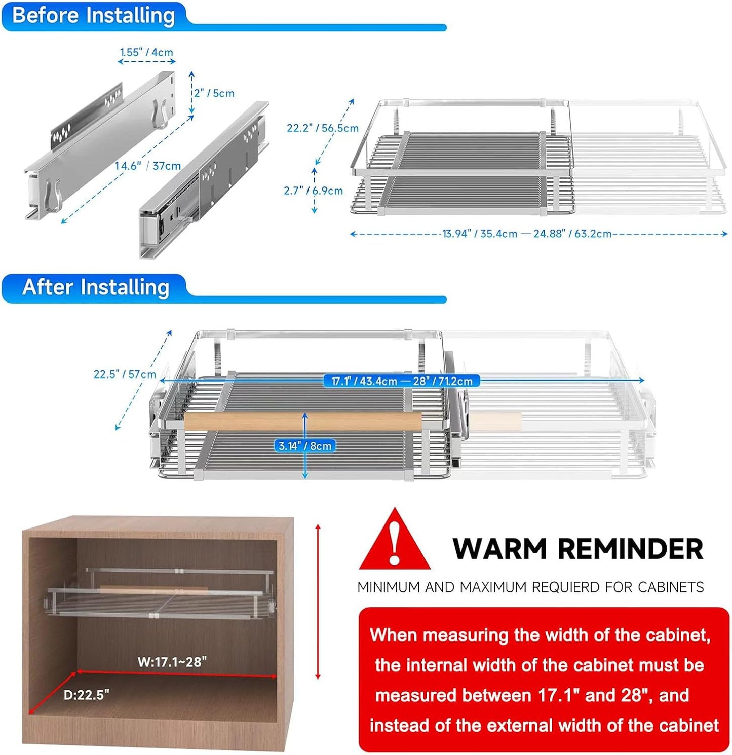 Pull Out Cabinet Organizer, 23~39.8" W x 22.5" D, 2 Pack | Expandable Pull Out Shelves for Kitchen Cabinets, Heavy Duty Stainless Steel Slide Out Pantry Shelves Sliding Shelf for Home