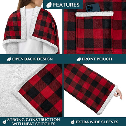 PAVILIA Wearable Blanket with Sleeves and Pocket for Women Men, Sherpa Trim